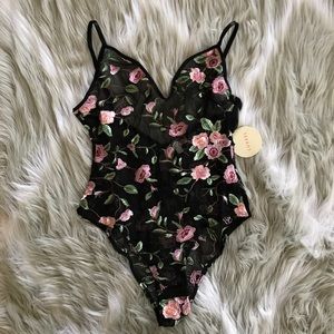 NWT Black Embroidered Floral Mesh Bodysuit
